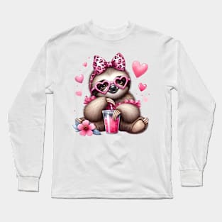 Valentine Sloth Drinking Ice Cream Long Sleeve T-Shirt